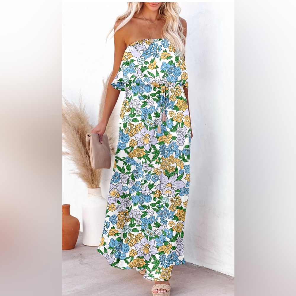 Dokotoo Strapless Dresses Casual Summer High Waist Side Split Flowy Boho Maxi